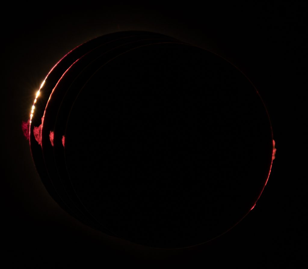 Composite of eclipse images showing Baily’s beads and red prominences along the Moon’s edge